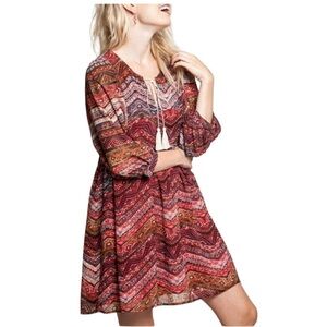 Umgee Tie Front Red Aztec Mix Print Boho Babydoll Dress